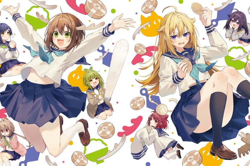 ahoge antlers aqua_neckerchief bashame_meme blonde_hair blue_neckerchief blue_sailor_collar blush brown_hair cracker deer deer_antlers deer_cracker deer_girl food horns koshi_anko_(shikanoko) koshi_torako long_hair long_sleeves multiple_girls neckerchief nekoyamada_neko official_art open_mouth sailor_collar school_uniform serafuku shikanoko_noko shikanoko_nokonoko_koshitantan shirt short_hair skirt smile tanukikouji_kinu tsubameya_chiharu white_shirt