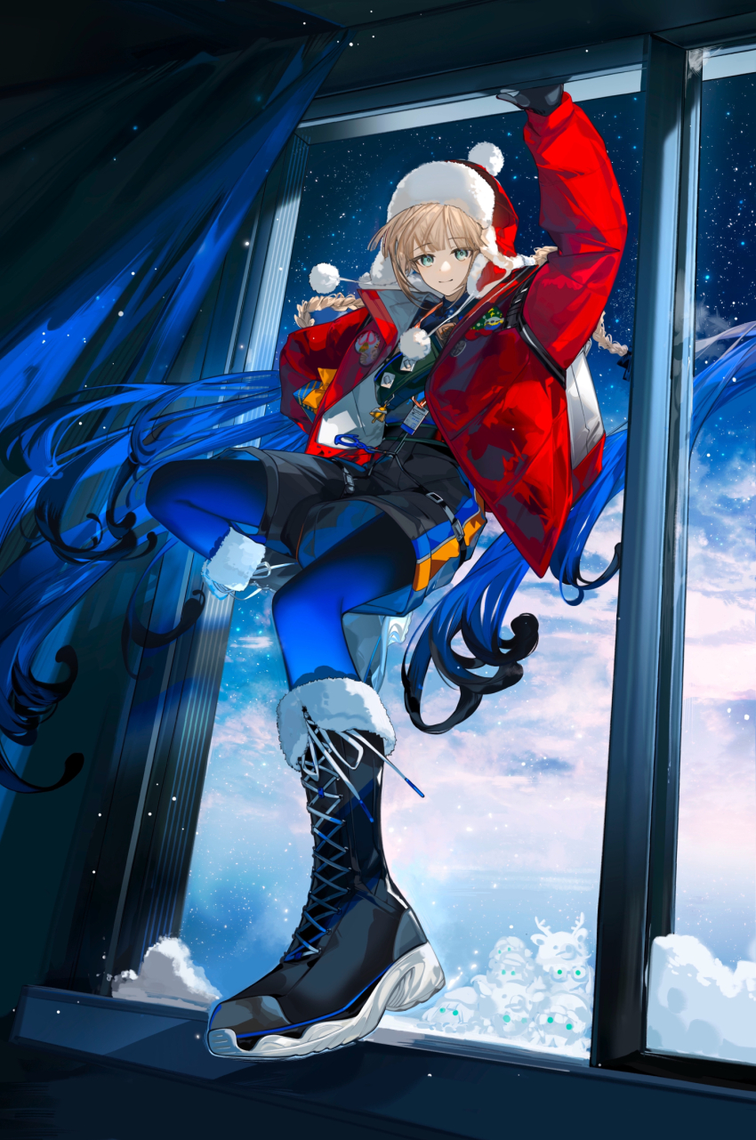1boy arlizi black_gloves blue_hair blue_leggings blue_pantyhose boots box braid captain_nemo_(fate) christmas_present down_jacket fanny_pack fate/grand_order fate_(series) full_body fur-trimmed_boots fur-trimmed_headwear fur_hat fur_trim gift gloves gradient_hair hat highres holding holding_box jacket leggings long_hair looking_at_viewer male_focus multicolored_hair nemo_(fate) captain_nemo_(santa)_(fate) open_clothes open_jacket pantyhose red_jacket santa_hat shirt shorts smile solo ushanka window