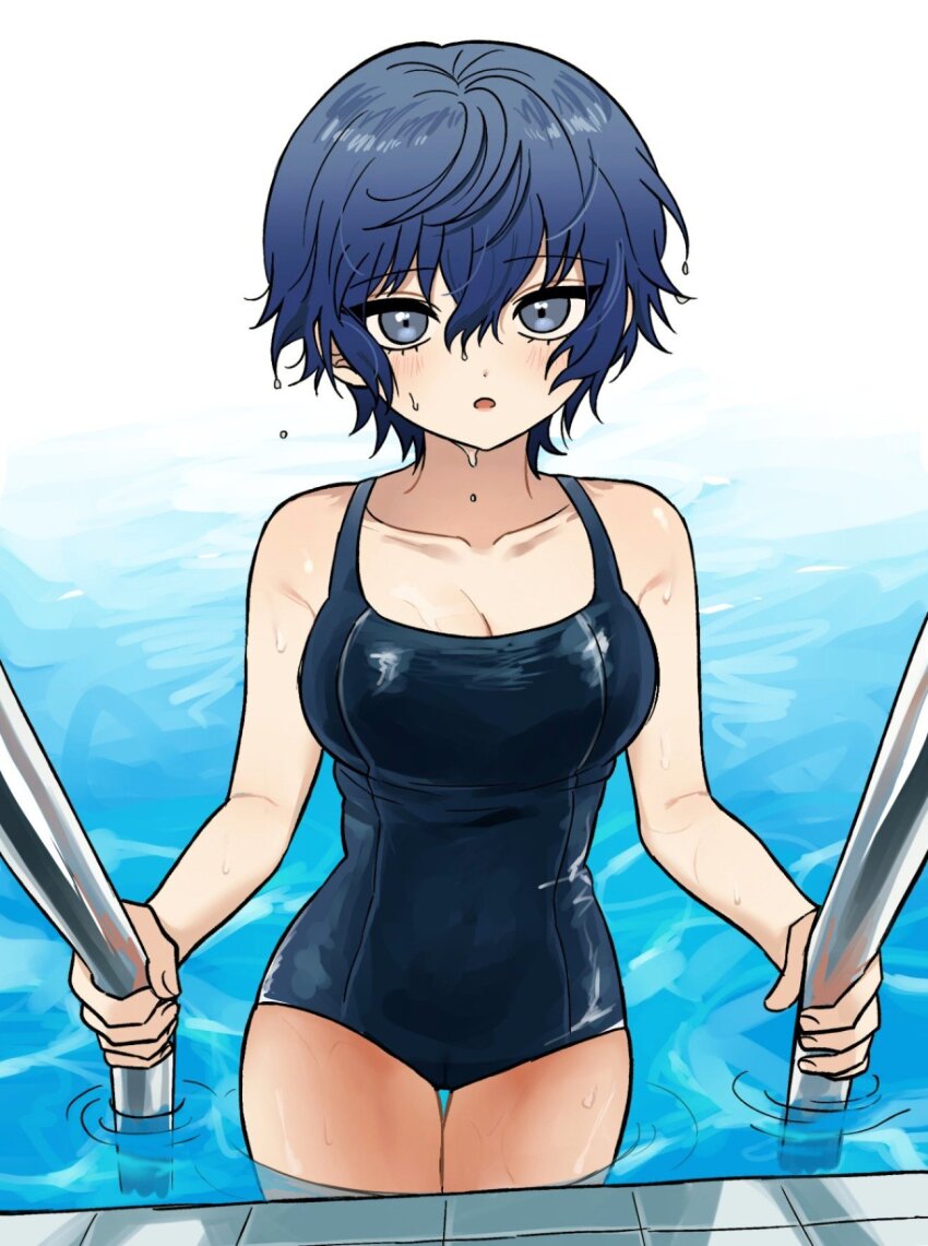1girl :o bare_shoulders blue_hair blue_one-piece_swimsuit blush breasts cleavage collarbone commentary grey_eyes hair_between_eyes highres large_breasts looking_at_viewer one-piece_swimsuit open_mouth persona persona_4 pool pool_ladder school_swimsuit shadow shirogane_naoto shiryoku_kensa short_hair sidelocks simple_background solo standing swimsuit symbol-only_commentary thigh_gap tomboy water wet wet_hair white_background