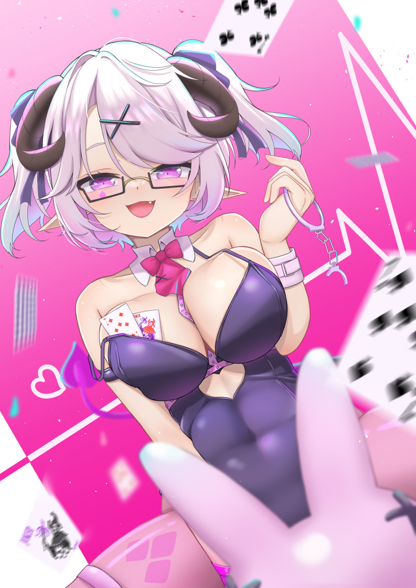 1girl absurdres breasts card cleavage cloudhorizon_studios cosplay covered_navel cuffs curved_horns detached_collar fourierkaeru handcuffs hatsune_miku hatsune_miku_(cosplay) highres jiaolian_caren large_breasts leotard playboy_bunny playing_card pointy_ears purple_eyes rabbit_hole_(vocaloid) riding semi-rimless_eyewear solo strap_slip tail virtual_youtuber white_hair