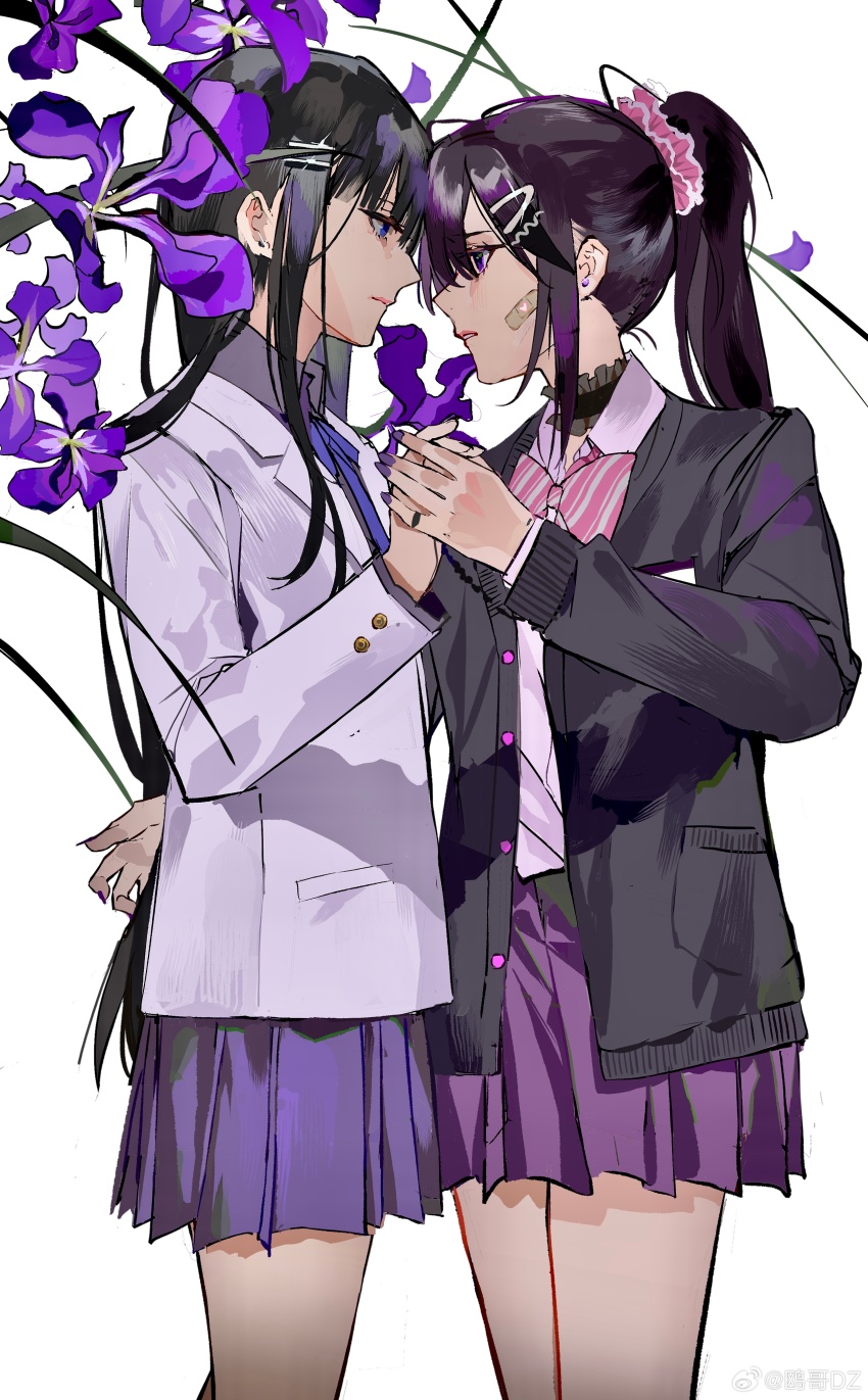 2girls absurdres ayame_en_(ouge_dz) bandaid bandaid_on_cheek bandaid_on_face black_choker black_hair black_jacket blazer blunt_bangs bow bowtie buttons chinese_commentary choker closed_mouth collared_shirt commentary_request cowboy_shot expressionless eye_contact eyelashes face-to-face flower frilled_choker frills grass hair_between_eyes hair_ornament hair_scrunchie hairclip hand_on_another&#039;s_hip heads_together highres holding_hands jacket jewelry layered_sleeves long_hair long_sleeves looking_at_another miniskirt multiple_girls nail_polish open_clothes open_jacket original ouge_dz pansy parted_lips petals pink_bow pink_bowtie pink_scrunchie pleated_skirt pocket pointy_nose ponytail purple_bow purple_bowtie purple_eyes purple_flower purple_hair purple_jacket purple_nails purple_shirt purple_skirt ring school_uniform scrunchie shirt sidelocks simple_background skirt standing straight_hair striped_bow striped_bowtie striped_clothes teeth very_long_hair watermark weibo_watermark white_background yuri yuri_chie_(ouge_dz)