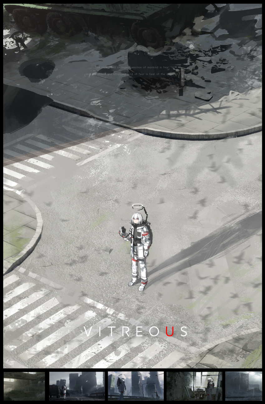 1girl absurdres asteroid_ill coat crosswalk english_text gloves halo hand_up highres holding holding_rock intersection open_clothes open_coat original pants poster_(medium) red_eyes rock rubble ruins scenery shadow shoes short_hair solo standing white_coat white_gloves white_hair white_pants