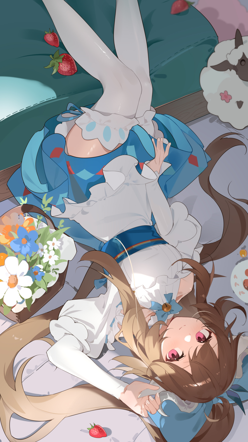1girl absurdres arknights blue_skirt breasts brown_hair dutch_angle eyjafjalla_(arknights) facing_viewer flower_basket food foot_out_of_frame fruit highres long_hair long_sleeves looking_ahead lying medium_breasts on_back pink_eyes ponytail shirt skirt solo strawberry teketi thighhighs upside-down white_shirt white_thighhighs