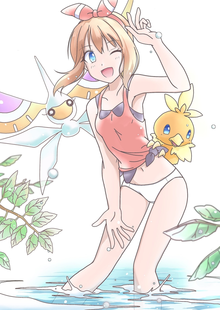 1girl ;d blue_eyes bow branch breasts brown_hair gen_3_pokemon hair_bow hand_up highres inori_(pokemoart) masquerain may_(pokemon) navel nintendo one_eye_closed open_mouth panties pokemon pokemon_(creature) pokemon_oras red_bow red_shirt shirt sleeveless sleeveless_shirt small_breasts smile torchic underwear wading water water_drop white_panties
