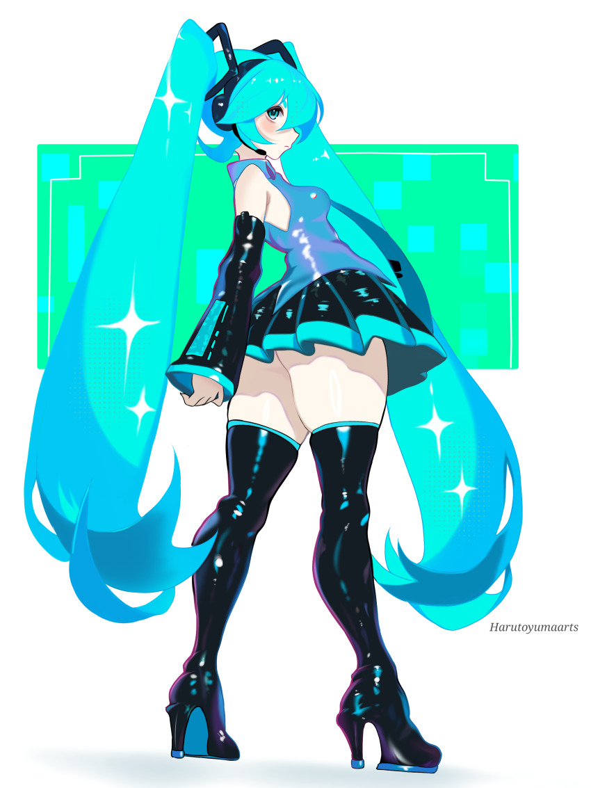 1girl absurdres aqua_eyes aqua_hair artist_name black_boots black_skirt black_sleeves boots closed_mouth detached_sleeves full_body grey_shirt harutoyumaarts hatsune_miku headset high_heel_boots high_heels highres long_hair shirt skirt solo standing thigh_boots very_long_hair vocaloid
