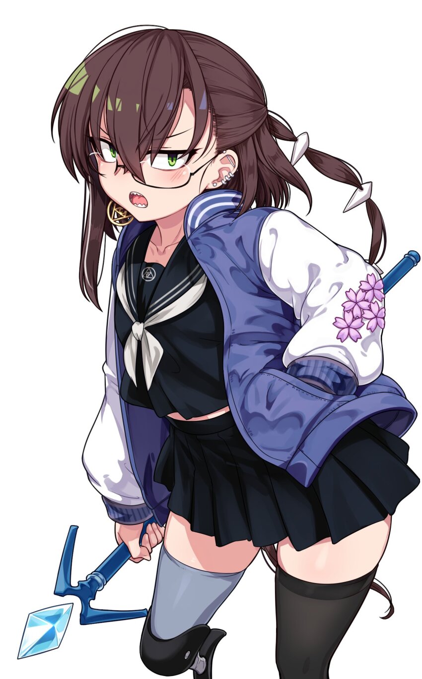 1girl black-framed_eyewear black_serafuku black_thighhighs blue_jacket blush brown_hair collarbone commentary_request ear_piercing flat_chest glasses green_eyes hair_between_eyes hair_ornament hand_in_pocket highres holding holding_staff indie_virtual_youtuber jacket kanatama long_hair long_sleeves looking_at_viewer mage_staff multiple_piercings neckerchief open_clothes open_jacket piercing pleated_skirt prosthesis prosthetic_leg round_eyewear running_blades sailor_collar school_uniform semi-rimless_eyewear serafuku skirt solo staff standing sweatdrop thighhighs thighs umaway v-shaped_eyebrows