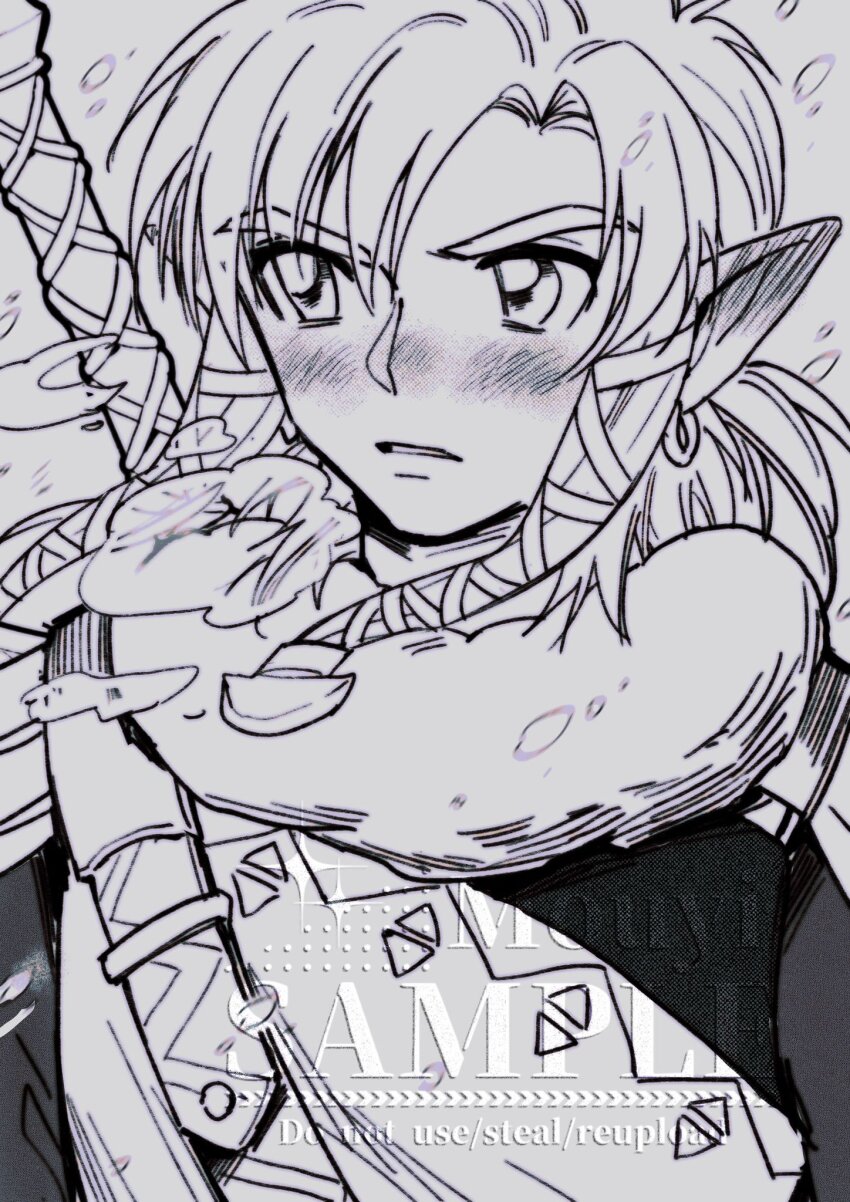 1boy artist_name blush earrings greyscale hair_ribbon highres jewelry link low_ponytail male_focus monochrome mouyi nintendo official_alternate_costume parted_bangs parted_lips pointy_ears ponytail ribbon sample_watermark sidelocks snowing solo steam_from_mouth the_legend_of_zelda the_legend_of_zelda:_breath_of_the_wild upper_body watermark weapon weapon_on_back