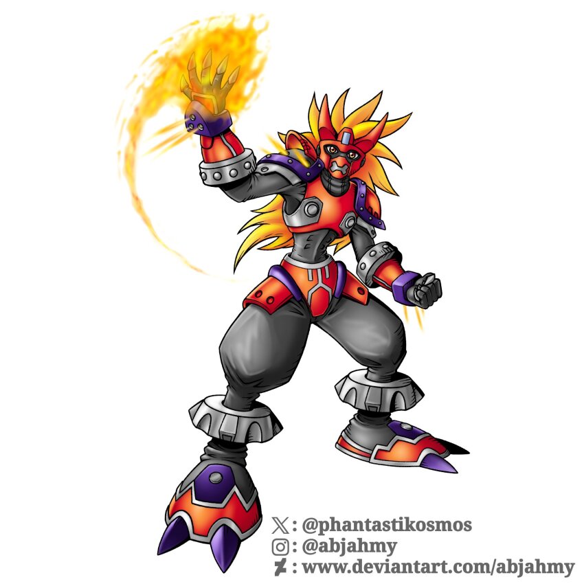 agnimon armor beta_digimon blonde_hair digimon digimon_(creature) fire highres horns looking_at_viewer simple_background solo white_background