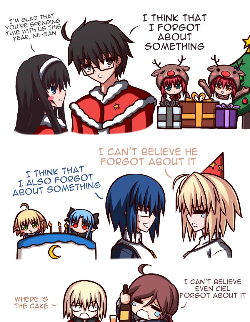 2boys 6+girls absurdres ahoge alternate_costume animal_costume arcueid_brunestud birthday black_bow black_dress black_hair blonde_hair blue_eyes blue_hair bottle bow brother_and_sister cake christmas christmas_tree crescent cross cross_necklace crying dress everyone food gift green_eyes hairband half_updo highres hisui_(tsukihime) jewelry kagetsu_tooya kohaku_(tsukihime) len_(tsukihime) long_hair long_sleeves mario_gallo_bestino multiple_boys multiple_girls nanako_(melty_blood) necklace pointy_ears red_eyes red_hair reindeer_costume santa_costume short_hair siblings sisters smile step-siblings sweatdrop tohno_akiha tsukihime tsukihime_(remake) twins white_hairband wine_bottle yellow_eyes zeon132