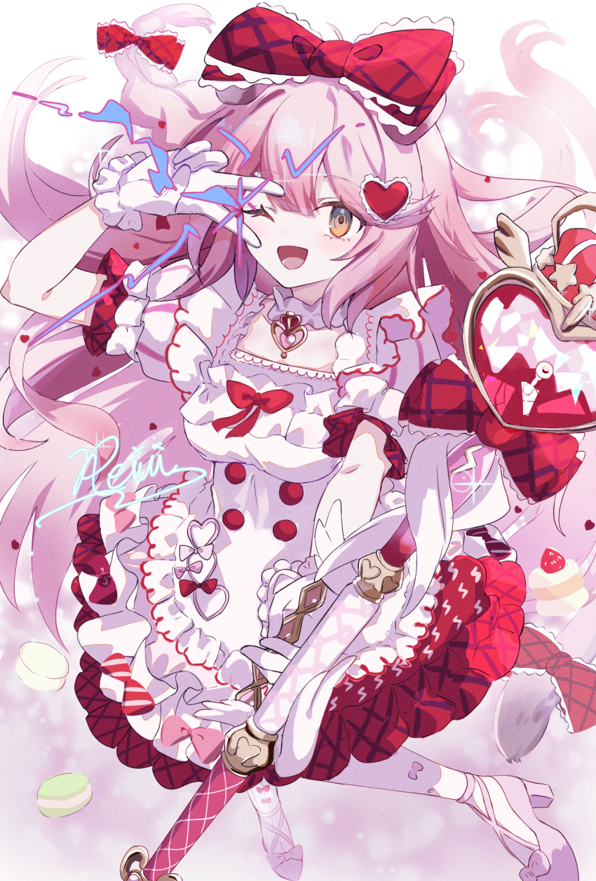 1girl ;d animal_ears arknights arm_up bow braid breasts brown_eyes cat_ears dress frilled_gloves frills gloves goldenglow_(arknights) goldenglow_(party_in_the_garden)_(arknights) hair_bow hair_ornament heart heart_hair_ornament highres holding holding_wand long_hair looking_at_viewer magical_girl medium_breasts one_eye_closed open_mouth pink_hair puffy_short_sleeves puffy_sleeves red_bow reinoni short_sleeves signature smile solo v v_over_eye very_long_hair wand white_dress white_gloves