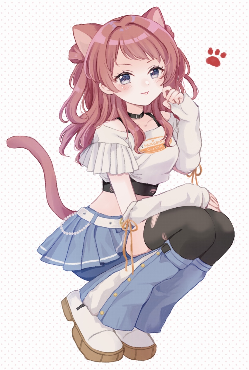 1girl absurdres animal_ears belt black_collar black_thighhighs blue_eyes blue_skirt blush cat_ears cat_girl cat_tail collar collarbone commentary crop_top detached_sleeves dotted_background full_body gakuen_idolmaster hanami_saki hand_up highres idolmaster kneeling long_hair looking_at_viewer midriff paw_print pleated_skirt red_hair shirako_(srk_srtk) shirt shoes skirt sleeves_past_wrists smile solo symbol-only_commentary tail thighhighs thumb_hole_sleeves tongue tongue_out torn_clothes torn_thighhighs two_side_up white_background white_belt white_shirt white_shoes