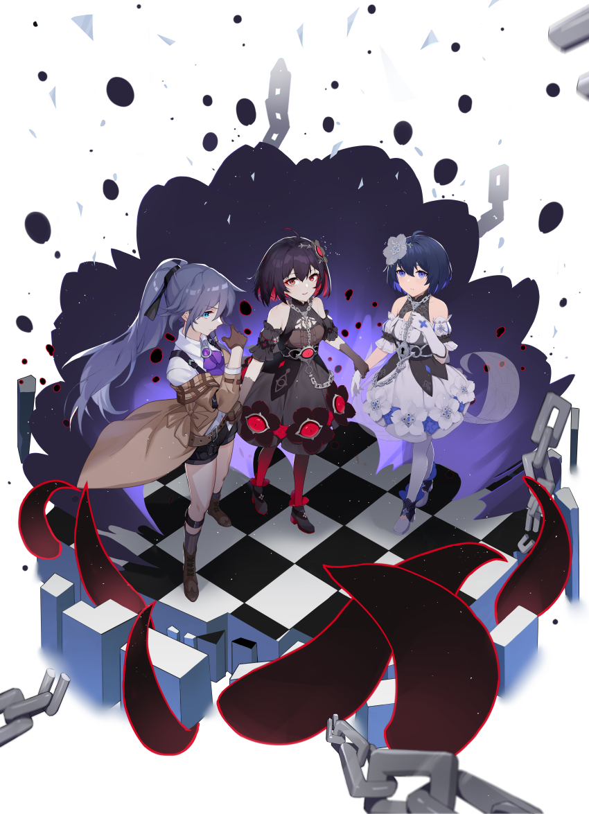 3girls absurdres ahoge artist_collaboration bare_shoulders black_dress black_flower black_footwear black_gloves black_hair black_shorts black_thighhighs blue_eyes blue_hair bob_cut bow bowtie brown_coat brown_footwear brown_gloves brown_socks chain closed_mouth coat collared_shirt detective dress dual_persona fled flower fu_hua fu_hua_(hawk_of_the_fog) fu_hua_(valkyrie_accipiter) full_body gloves hair_flower hair_ornament highres holding_hands honkai_(series) honkai_impact_3rd incredibly_absurdres long_hair long_sleeves looking_at_viewer multiple_girls open_mouth ponytail puffy_short_sleeves puffy_sleeves purple_bow purple_bowtie red_eyes red_hair seele_(alter_ego) seele_vollerei seele_vollerei_(stygian_nymph) sha_dingding shirt short_hair short_sleeves shorts socks standing thighhighs tile_floor tiles transparent_background very_long_hair white_dress white_flower white_gloves white_shirt white_thighhighs yukizawa_xueze