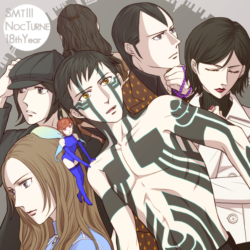 3girls 4boys bead_bracelet beads black_hair black_hat blue_gloves blue_leotard blue_thighhighs body_markings bracelet brown_hair cabbie_hat closed_eyes coat demi-fiend demon_(megami_tensei) fairy fairy_wings from_behind full-body_tattoo gloves grey_background grey_eyes happy_anniversary hat highres hijiri_jyouji hikawa_(megami_tensei) jacket jewelry leotard long_hair multiple_boys multiple_girls nitta_isamu open_mouth orange_eyes pixie_(megami_tensei) red_hair red_lips red_nails shin_megami_tensei shin_megami_tensei_iii:_nocturne tachibana_chiaki_(megami_tensei) takao_yuko tattoo thighhighs topless_male turtleneck watabashi_yf white_coat white_jacket wings yellow_eyes