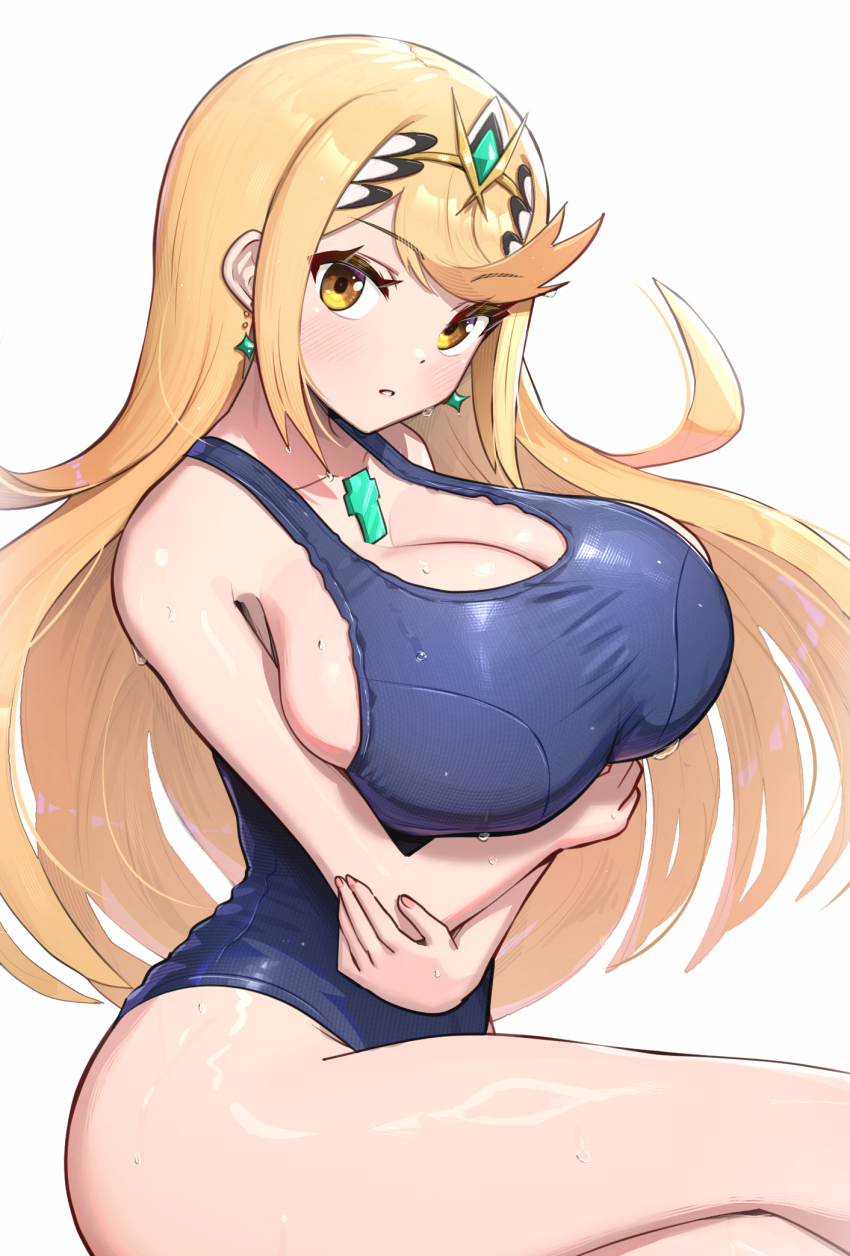 alternate_costume blonde_hair blue_one-piece_swimsuit blush breasts chest_jewel cleavage core_crystal_(xenoblade) crossed_arms earrings gonzarez highres jewelry large_breasts long_hair mythra_(xenoblade) new_school_swimsuit one-piece_swimsuit school_swimsuit school_uniform simple_background swimsuit thighs tiara very_long_hair white_background xenoblade_chronicles_(series) xenoblade_chronicles_2