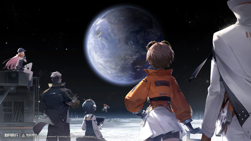 1boy 1other 3girls bike_shorts black_boots black_dress black_gloves black_hair black_hat black_jacket black_pants boots brown_hair coat copyright_name dress earth_(planet) facing_away fingerless_gloves from_behind from_side gloves group_leader_(xinyue_tongxing) hand_on_own_hip hat highres jacket logo long_hair long_sleeves mingshuang_(xinyue_tongxing) miniskirt multiple_girls newsboy_cap night night_sky official_art official_wallpaper on_moon orange_jacket orange_scarf out_of_frame pants pink_hair planet pleated_skirt profile puffy_long_sleeves puffy_sleeves qianqiu_(xinyue_tongxing) scarf short_hair short_jumpsuit shorts shorts_under_skirt sitting skirt sky strapless_jumpsuit upper_body very_long_hair white_coat white_hair white_skirt xingliang_(xinyue_tongxing) xinyue_tongxing zhongyuan_(xinyue_tongxing)