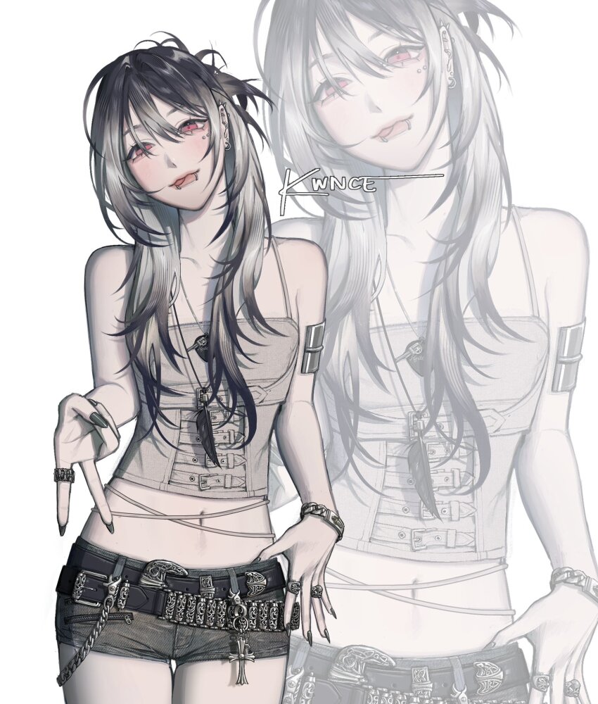 1girl belt black_belt black_hair black_shorts bracelet camisole commentary crop_top cross ear_piercing earrings feather_necklace grey_hair gyaru_v hair_between_eyes head_tilt highres jewelry kwnce lip_piercing midriff multicolored_hair navel necklace original piercing plectrum red_eyes short_shorts shorts signature solo thumb_in_beltline two-tone_hair v white_camisole zoom_layer