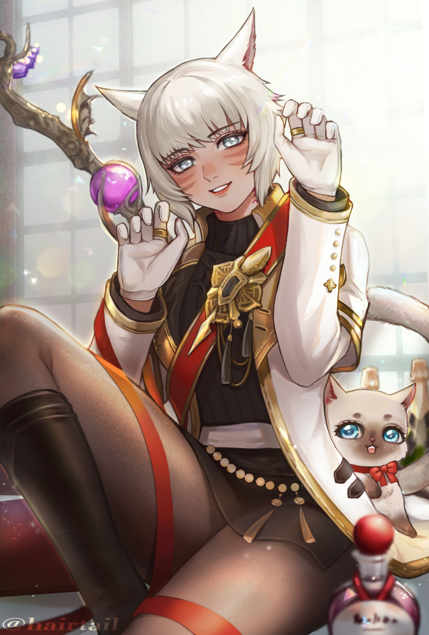 1girl animal_ears black_pantyhose blue_eyes blush boots cat cat_ears cat_girl cat_tail claw_pose commentary_request dark-skinned_female dark_skin eyelashes final_fantasy final_fantasy_xiv gloves hairtail highres jewelry knee_boots looking_at_viewer miqo&#039;te pantyhose parted_lips ring short_hair sitting slit_pupils smile solo tail twitter_username white_hair y&#039;shtola_rhul