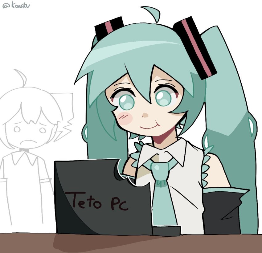 2girls ahoge aqua_eyes aqua_hair aqua_necktie black_sleeves closed_mouth collared_shirt computer eating hair_ornament hatsune_miku kasane_teto kasane_teto_(utau) koasku long_hair multiple_girls necktie sad shirt simple_background sleeveless sleeveless_shirt smile twintails upper_body utau vocaloid white_background white_shirt