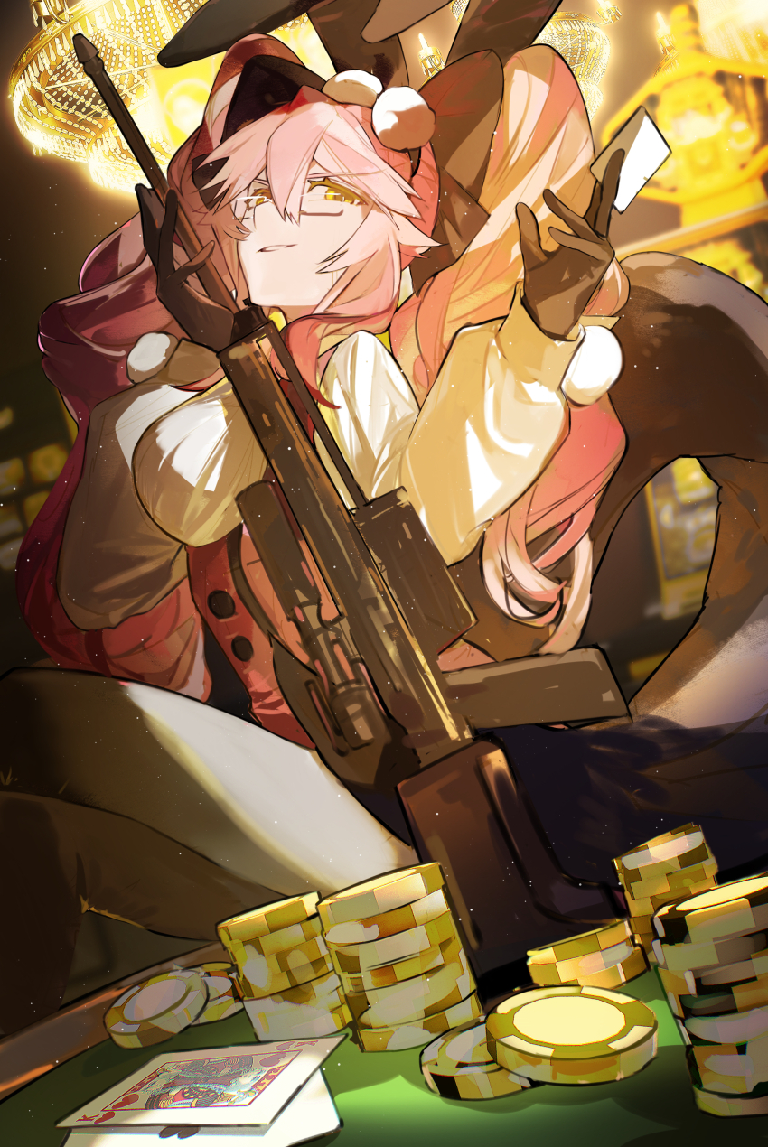 1girl absurdres animal_ear_fluff animal_ears breasts dress_shirt fate/grand_order fate_(series) fox_tail fui_(fui29493452) glasses gloves grin gun highres koyanskaya_(assassin)_(second_ascension)_(fate) koyanskaya_(fate) large_breasts long_hair long_sleeves looking_at_viewer pantyhose pink_hair rabbit_ears rifle shirt smile sniper_rifle solo tail tamamo_(fate) twintails underbust weapon white_pantyhose yellow_eyes