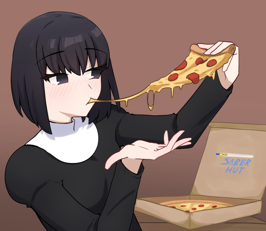 1girl black_dress black_eyes black_hair breasts brown_background closed_mouth commentary dress eating excalibur_(fate/stay_night) food highres kuonji_alice long_sleeves mahou_tsukai_no_yoru okikumo open_hand pepperoni pepperoni_pizza pizza pizza_box short_hair simple_background solo table wooden_table
