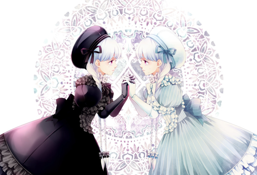 10s 2girls alice_(fate) braid dress fate/extra fate_(series) gloves hat long_hair multiple_girls nomoc nursery_rhyme_(fate) nursery_rhyme_(fate/grand_order) purple_eyes reflection twin_braids white_hair