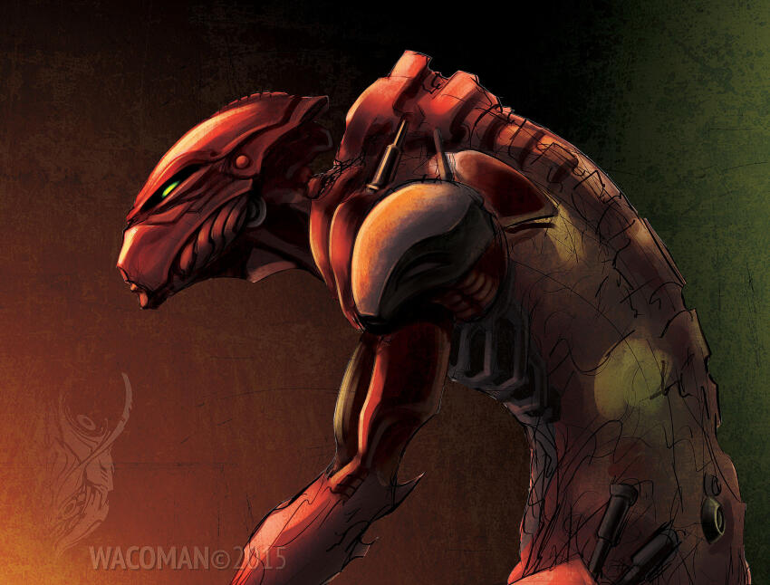 1boy 2015 biomechanical bionicle commentary english_commentary from_side green_eyes highres hunched_over male_focus piston solo the-ht-wacom-man the_lego_group unfinished upper_body vakama_(bionicle) watermark
