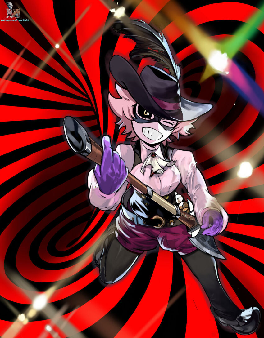 0nch1ng_(artist) 1girl artist_request ashido_mina axe black_mask boku_no_hero_academia commission commissioner_upload cosplay gloves hat hat_feather highres holding holding_weapon horikoshi_kouhei_(style) mask official_style okumura_haru okumura_haru_(cosplay) pantyhose pantyhose_under_shorts parody persona persona_5 purple_gloves purple_shorts shoes shorts smile soejima_shigenori_(style) style_parody weapon