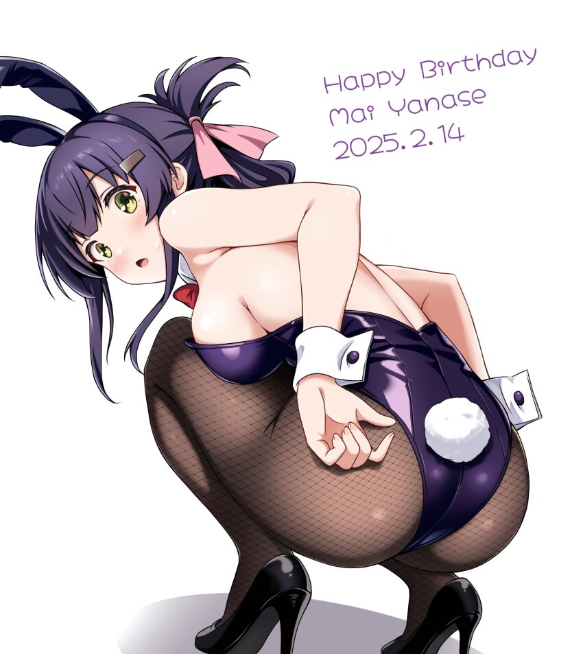 1girl animal_ear_hairband animal_ears ass black_hair black_leotard black_pantyhose black_shoes bow bowtie breasts dated detached_collar fake_animal_ears folded_ponytail from_behind full_body green_eyes hairband happy_birthday high_heels highres large_breasts leotard long_hair looking_at_viewer looking_back ototsu_(nitta225) pantyhose playboy_bunny rabbit_ears rabbit_tail red_bow red_bowtie shoes solo squatting strapless strapless_leotard tail toji_no_miko wrist_cuffs yanase_mai