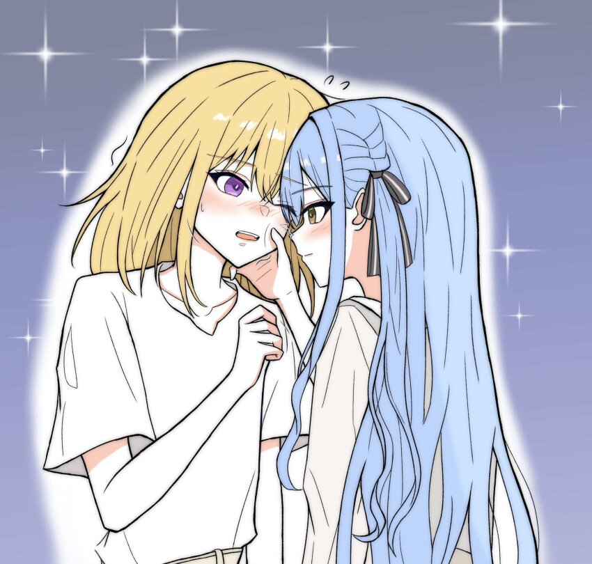 2girls bang_dream! bang_dream!_it&#039;s_mygo!!!!! blonde_hair blue_hair blush cheek_pull chinese_commentary commentary_request hair_between_eyes highres long_hair long_sleeves medium_hair misumi_uika momokan_1209 multiple_girls one_eye_closed purple_eyes shirt short_sleeves sidelocks togawa_sakiko white_shirt yellow_eyes yuri