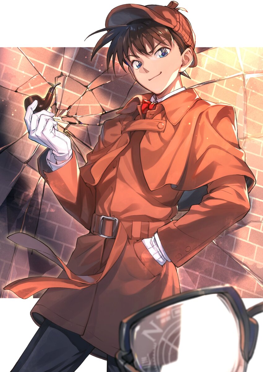 1boy absurdres belt black_pants blue_eyes bow bowtie brick_wall brown_capelet brown_coat brown_hair brown_hat capelet closed_mouth coat cosplay cowboy_shot crack cracked_glass deerstalker detective dutch_angle glasses gloves hand_up hat highres holding holding_smoking_pipe kudou_shin&#039;ichi long_sleeves looking_at_viewer male_focus meitantei_conan pants red_bow red_bowtie sherlock_holmes sherlock_holmes_(cosplay) short_hair smile smoking_pipe solo the_adventures_of_sherlock_holmes uedrk_yamato unworn_eyewear white_gloves