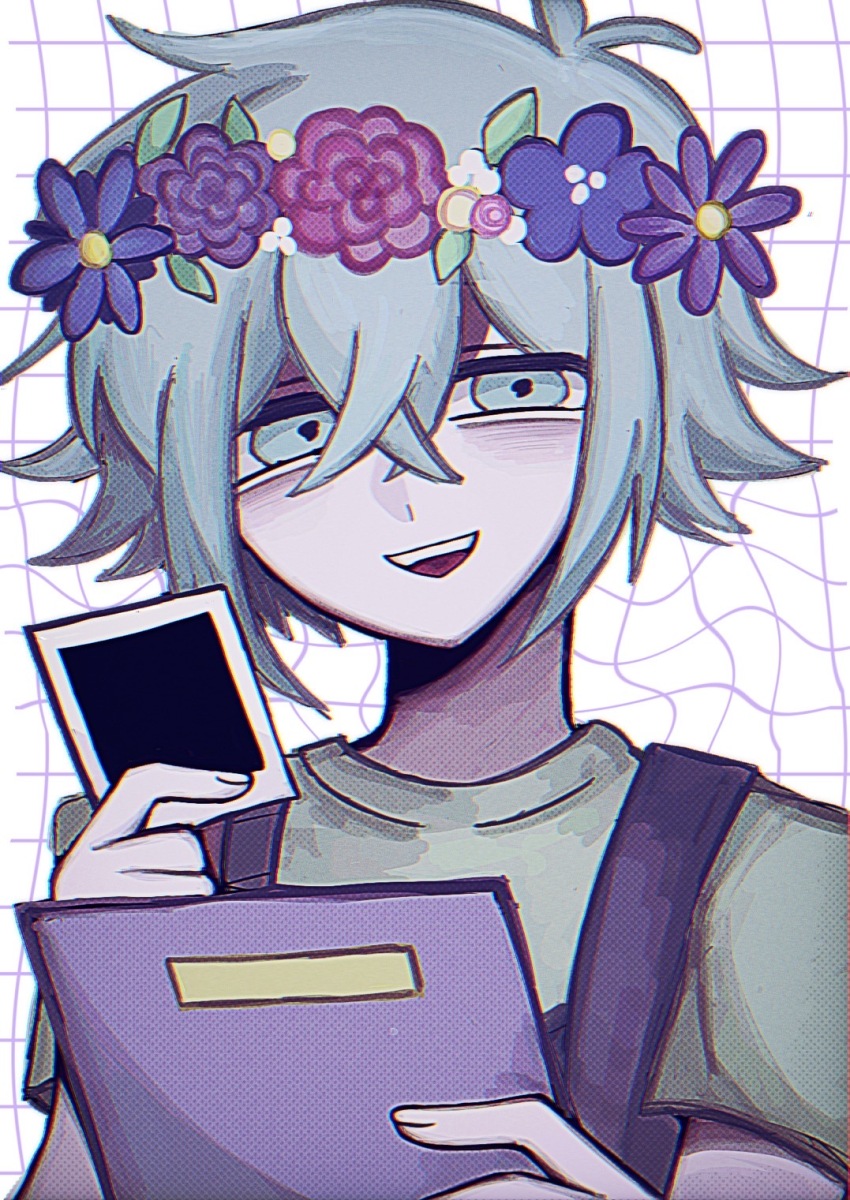 1boy :d antenna_hair bags_under_eyes basil_(headspace)_(omori) basil_(omori) black_overalls book chromatic_aberration commentary crossed_bangs double-parted_bangs film_grain fingernails flower flower_wreath green_shirt grey_eyes grey_hair grid_background hair_between_eyes halftone hands_up head_wreath highres holding holding_book holding_photo leaf looking_at_viewer male_focus omori open_mouth overalls photo_(object) pink_flower pink_rose purple_flower purple_rose rose shirt short_sleeves simple_background smile solo t-shirt teeth u_donburi upper_body upper_teeth_only white_background