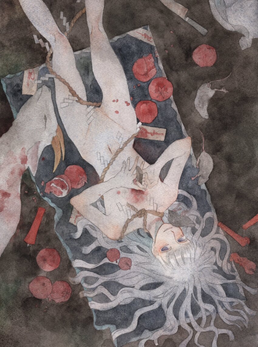 1girl apple blood completely_nude food from_above fruit goat grey_eyes grey_hair highres holding holding_knife knife knife_in_chest kz_m_i long_hair looking_at_viewer lying mouse_(animal) navel nude on_back original painting_(medium) pale_skin parted_lips pomegranate rope self-harm shide sleeping_animal solo traditional_media upside-down watercolor_(medium)