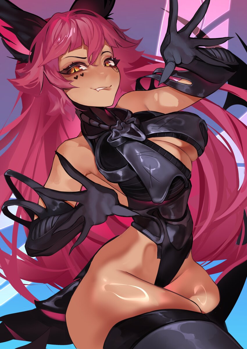 1girl absurdres black_gloves black_leotard black_thighhighs breasts cleavage closed_mouth dark-skinned_female dark_skin elbow_gloves fang gloves highres indie_virtual_youtuber large_breasts leotard looking_at_viewer pink_hair smile solo suliavtuber thighhighs trickywi virtual_youtuber yellow_eyes