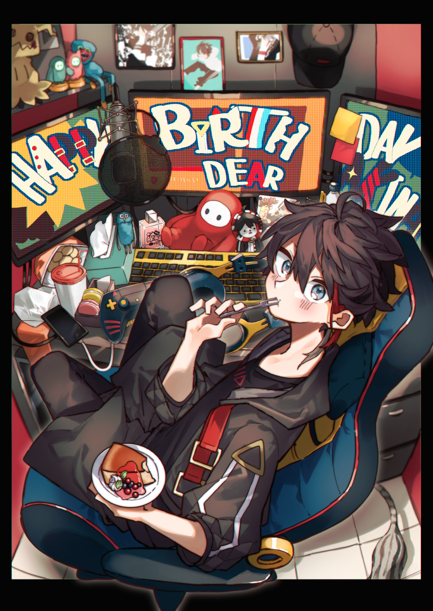 1boy absurdres baseball_cap black_hat black_jacket black_shirt blue_eyes border brown_hair cake cake_slice chair character_doll commentary_request computer_keyboard desk drawer english_text fall_guy fall_guys food fork full_body gaming_chair hat highres holding holding_fork holding_plate jacket jisshu knee_up looking_back male_focus microphone multicolored_hair nijisanji plate red_background red_hair saegusa_akina shirt short_hair simple_background solo streaked_hair swivel_chair tile_floor tiles unworn_hat unworn_headwear utensil_in_mouth virtual_youtuber