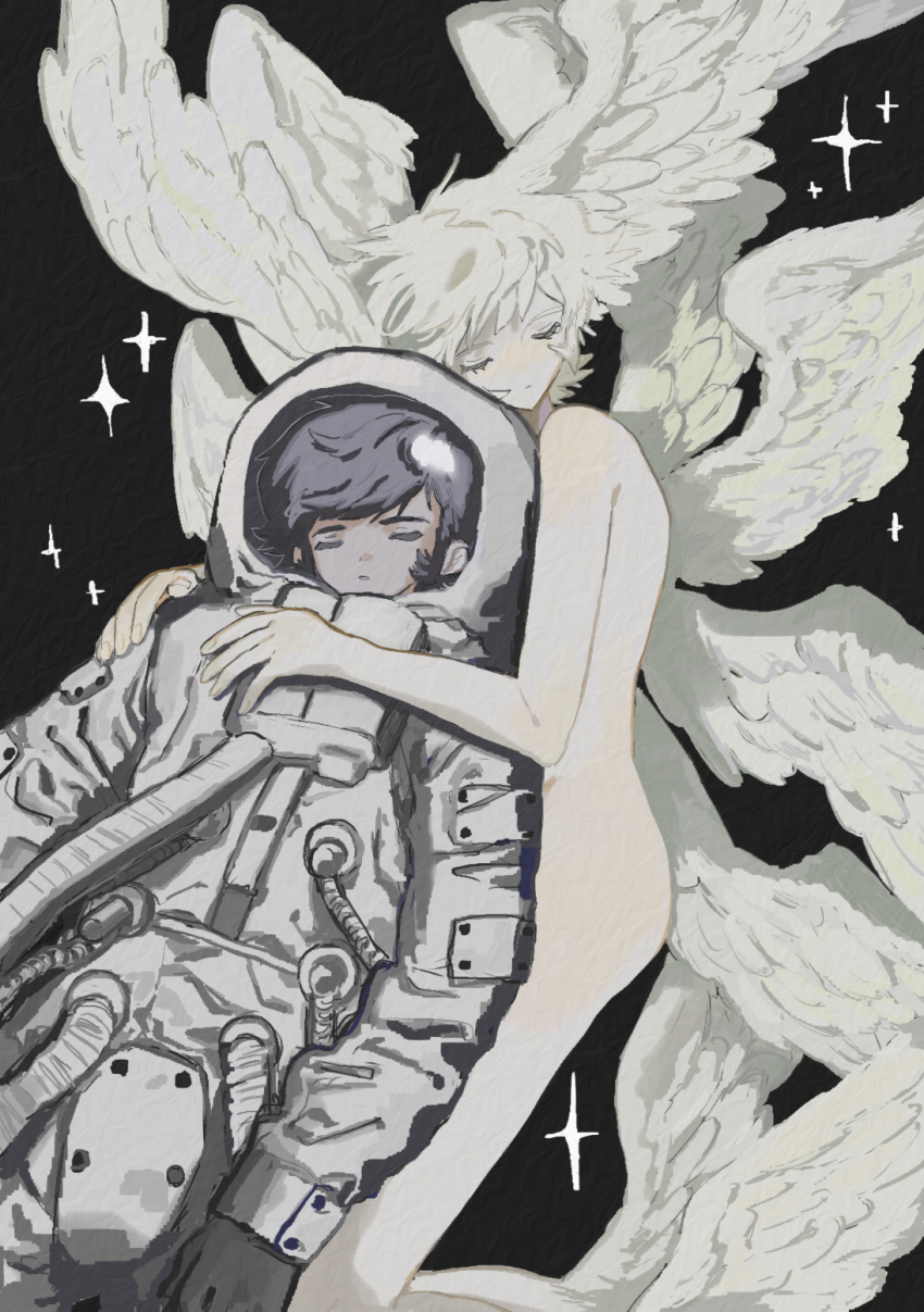 1boy 1other androgynous black_background black_hair blonde_hair devilman feathered_wings fudou_akira hand_on_another&#039;s_chest hand_on_another&#039;s_shoulder head_wings helmet highres leaning_on_person multiple_wings nude satan_(devilman) short_hair simple_background space_helmet spacesuit sparkle tami_tome_mo wings