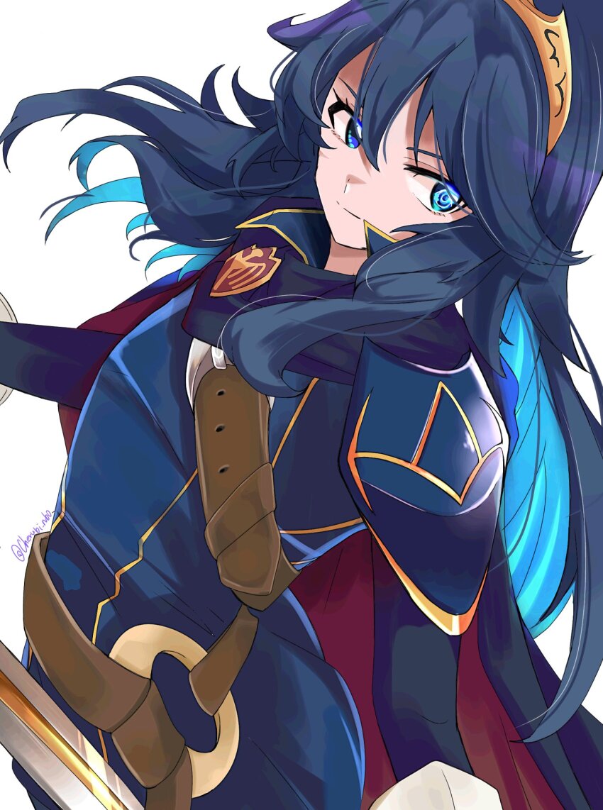 1girl blue_cape blue_eyes blue_hair brand_of_the_exalt cape cherubi_nbo closed_mouth fire_emblem fire_emblem_awakening hair_between_eyes highres long_hair long_sleeves looking_to_the_side lucina_(fire_emblem) nintendo red_cape solo symbol_in_eye tiara twitter_username two-tone_cape white_background