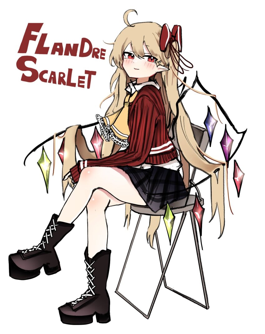 1girl black_skirt chair crossed_legs flandre_scarlet highres ougiikun pointy_ears sitting skirt solo touhou white_background wings