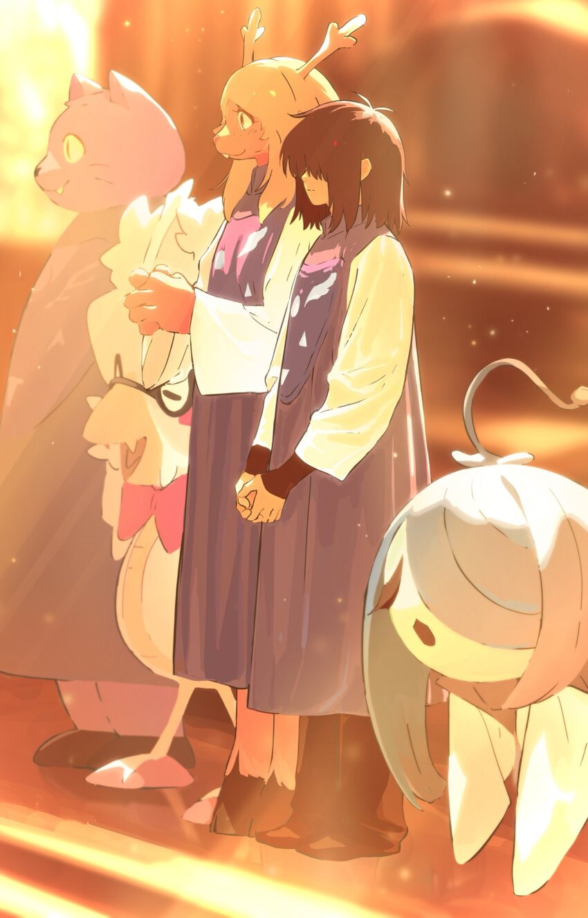 1boy 1girl 1other alternate_costume blonde_hair brown_hair covered_eyes dad_cat_(deltarune) deer_girl deltarune from_side full_body furry furry_female furry_male group_picture hair_over_eyes highres hooves horns kris_(deltarune) lantern_madoyoi light_particles medium_hair music noelle_holiday open_mouth own_hands_together purple_robe robe short_hair shyren singing smile snowdrake standing utdr_(toby_fox)