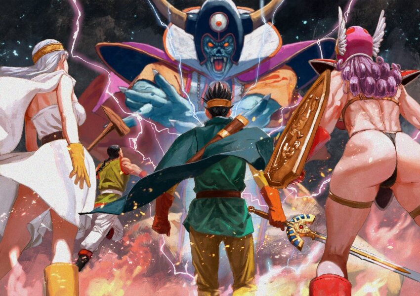 2girls 3boys armor ass bikini_armor blue_tunic character_request curly_hair dragon_quest dragon_quest_iii dress electricity erdrick&#039;s_sword from_behind grey_hair group_picture hero_(dq3) holding holding_shield holding_sword holding_weapon itou_satoshi long_hair martial_artist_(dq3) multiple_boys multiple_girls purple_hair roto_(dq3) sage_(dq3) shield short_hair shoulder_armor spiked_hair strapless strapless_dress sword tunic warrior_(dq3) weapon white_dress zoma