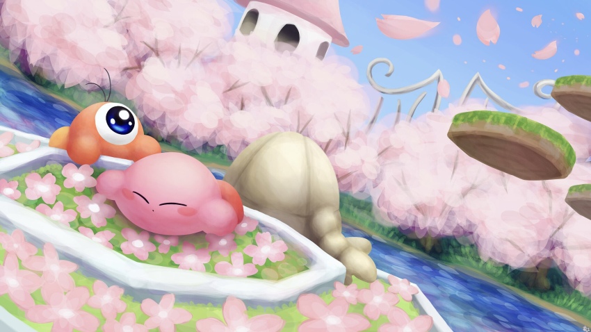 black_hair blue_eyes blue_sky blush_stickers cherry_blossoms closed_eyes colored_skin commentary_request day dutch_angle flower highres kirby kirby_(series) lake lying nintendo no_humans on_stomach one-eyed orange_skin outdoors parted_lips petals pink_flower pink_skin platform red_footwear rock shadow shoes short_hair signature sky spring_(season) suyasuyabi tower tree very_short_hair waddle_doo yellow_shoes