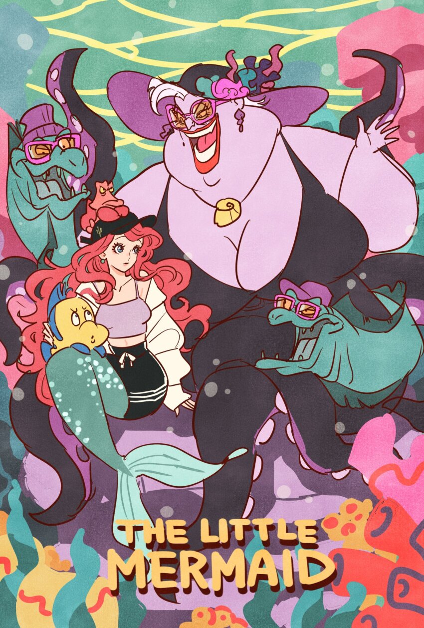 2girls ariel_(disney) bare_shoulders black_headwear black_shirt black_skirt blue_eyes breasts cleavage crab crop_top disney earrings electric_eel fins fish fish_tail flotsam_(disney) flounder_(the_little_mermaid) grey_hair hat highres huge_breasts jacket jetsam_(disney) jewelry long_hair medium_breasts mermaid midriff monster_girl multiple_girls necklace off-shoulder_jacket off_shoulder open_mouth plump purple_headwear purple_shirt red_hair red_lips scylla sebastian_(disney) shell shell_necklace shirt short_hair skirt sleeveless sleeveless_shirt smile sun_hat sunglasses swept_bangs tail takeuchi_ryousuke tentacles the_little_mermaid_(disney) underwater ursula_(disney) wavy_hair white_jacket