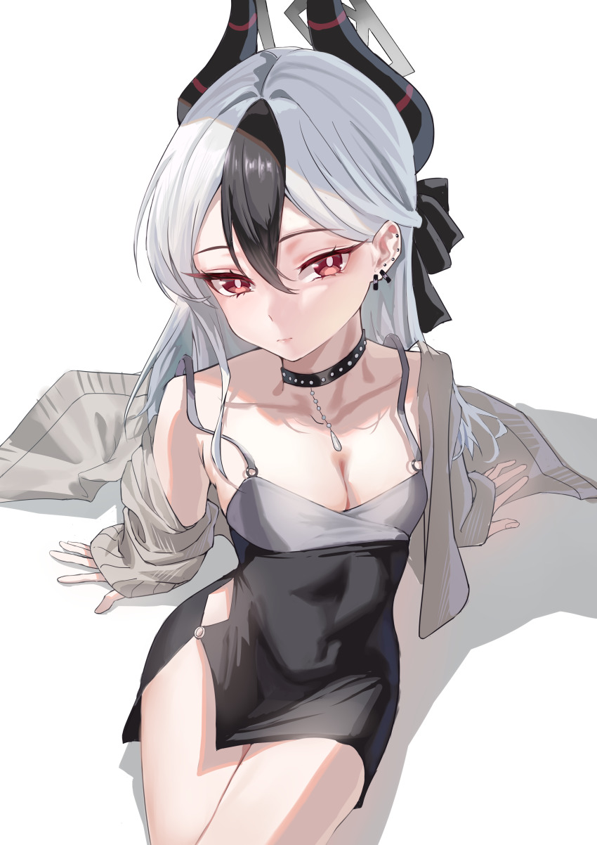 1girl absurdres arm_support black_dress black_hair blue_archive blush breasts bright_pupils brown_cardigan cardigan cleavage closed_mouth commentary_request covered_navel demon_girl demon_horns dress ear_piercing earrings hair_between_eyes highres horns jewelry kayoko_(blue_archive) kayoko_(dress)_(blue_archive) liuli_xiao long_hair looking_at_viewer medium_breasts multicolored_hair official_alternate_costume official_alternate_hairstyle open_cardigan open_clothes piercing red_eyes simple_background single_bare_shoulder single_off_shoulder sitting solo streaked_hair thighs white_background white_hair white_pupils