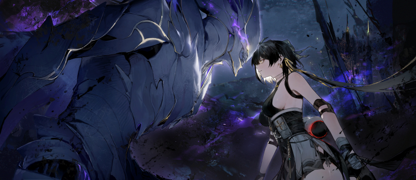1girl 1other armor bandaged_arm bandages bare_shoulders black_bow black_gloves black_hair black_sash bow breasts colored_inner_hair commentary criss-cross_halter crownless_(wuthering_waves) earrings elbow_pads eyeliner faceoff female_rover_(wuthering_waves) gloves glowing glowing_eyes hair_bow hair_ornament halterneck highres hip_vent jewelry long_hair looking_at_another low_ponytail makeup medium_breasts monster multicolored_hair pangu_terminal_(wuthering_waves) parted_lips ponytail pouch red_eyeliner rover_(wuthering_waves) sash secretfj520 sideboob sidelocks tacet_discord_(wuthering_waves) two-tone_hair white_armor white_hair wuthering_waves yellow_eyes