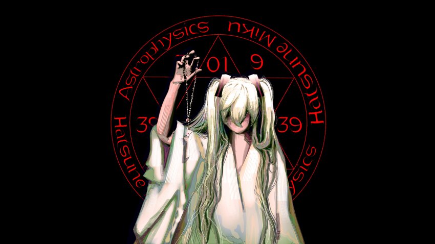 1girl absurdres after_dark_(mr._kitty) album_cover_redraw aqua_hair arm_up black_background character_name commentary commission derivative_work english_commentary english_text faceless faceless_female hair_ornament hatsune_miku hexagram highres holding long_bangs long_hair n00dlesandwitch robe simple_background solo tenebrism twintails upper_body vocaloid white_robe
