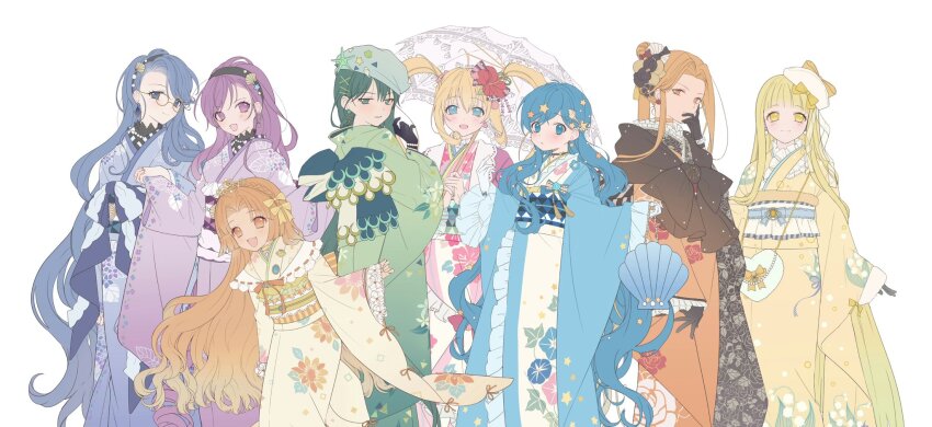 +1_(yakusoku0722) 6+girls black_gloves blonde_hair blue_kimono blush caren_(mermaid_melody_pichi_pichi_pitch) closed_mouth coco_(mermaid_melody_pichi_pichi_pitch) earrings flower glasses gloves green_eyes green_hair hair_flower hair_ornament hand_on_own_face hat heart highres houshou_hanon indigo_hair japanese_clothes jewelry kimono long_hair long_sleeves looking_at_viewer mermaid_melody_pichi_pichi_pitch multiple_girls nanami_lucia noel_(mermaid_melody_pichi_pichi_pitch) open_mouth orange_eyes orange_hair purple_eyes purple_hair sara_(mermaid_melody_pichi_pichi_pitch) seashell seira_(mermaid_melody_pichi_pichi_pitch) shell shell_hair_ornament simple_background smile star_(symbol) star_earrings star_hair_ornament touin_rina twintails wavy_hair white_background yellow_eyes