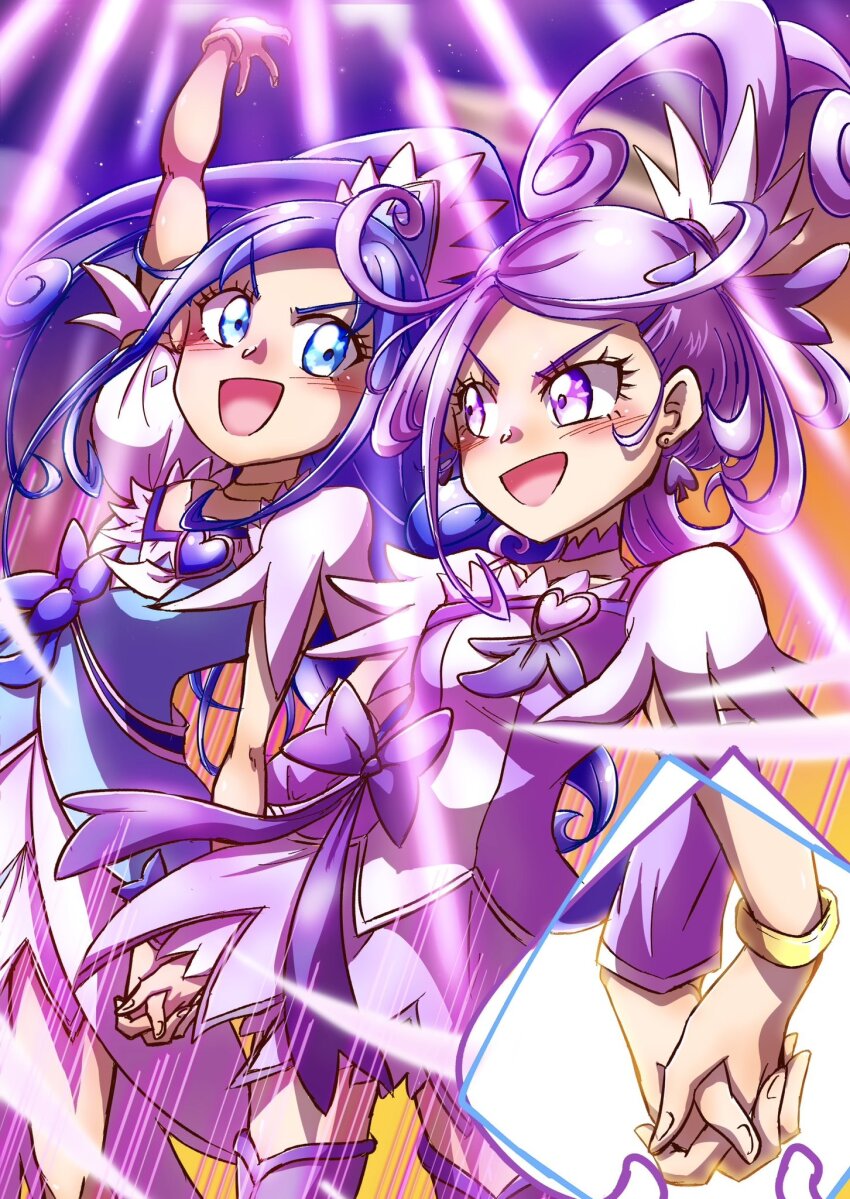 arm_warmers blue_bow blue_eyes blue_hair blush boots bow breasts brooch choker clenched_hands crystal_earrings cure_diamond cure_sword dokidoki!_precure earrings futari_wa_precure hair_ornament heart heart_brooch high_ponytail highres hishikawa_rikka jewelry kenzaki_makoto long_hair magical_girl open_mouth ponytail precure purple_arm_warmers purple_boots purple_choker purple_eyes purple_hair purple_skirt rebanira_mrt skirt small_breasts smile spade_(shape) spade_hair_ornament