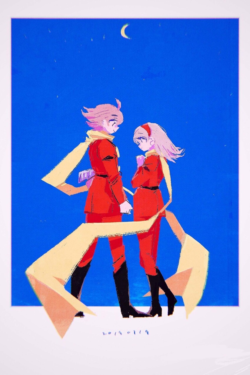 ahoge belt black_belt black_boots blonde_hair blue_eyes boots coat couple cyborg cyborg_009 dynamic_pose francoise_arnoul hair_over_one_eye hairband highres light_smile looking_at_another manodemarina night night_sky pants red_coat red_hairband red_pants scarf shimamura_joe sky yellow_scarf