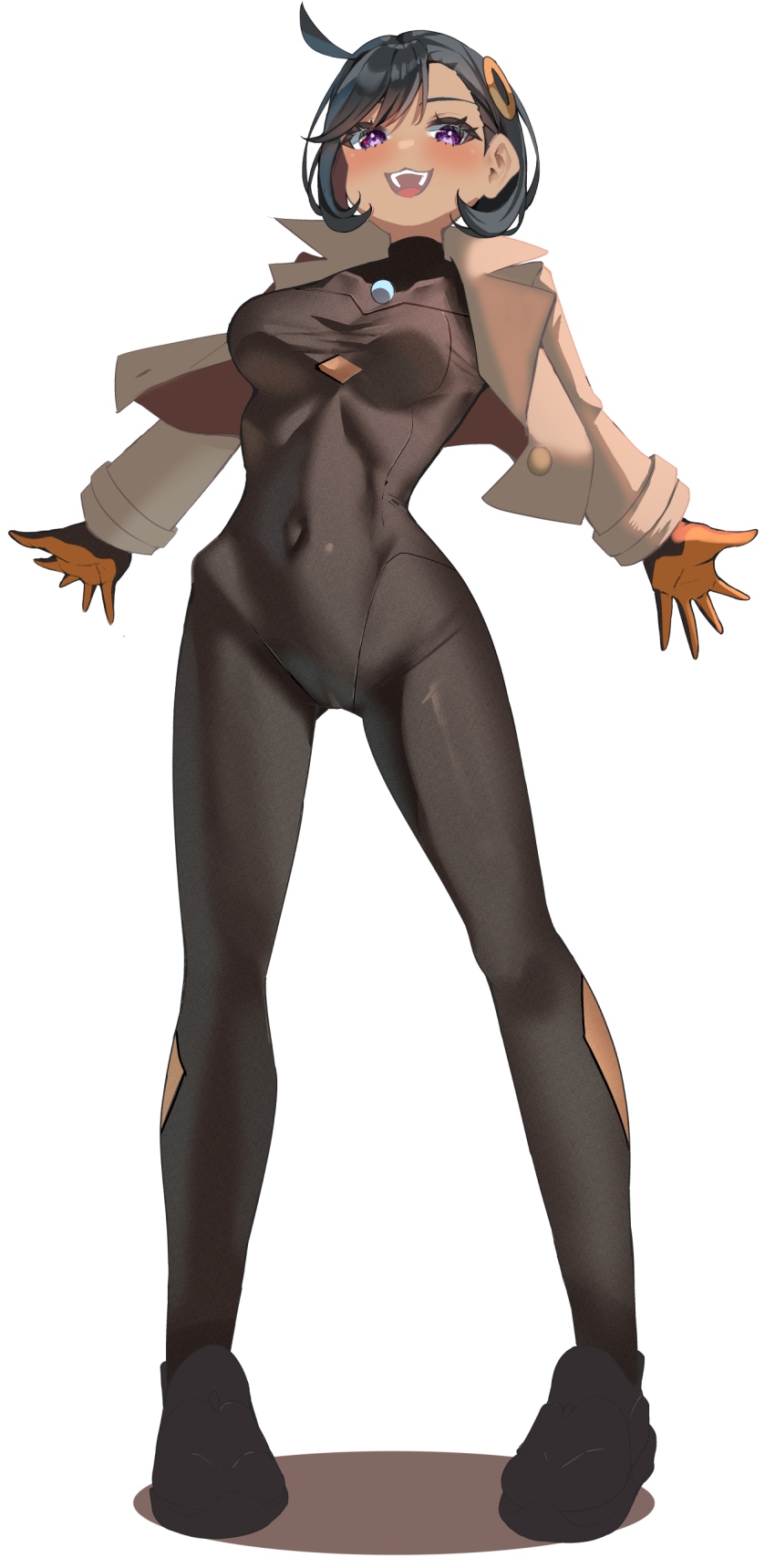 1girl absurdres ahoge black_bodysuit black_hair bodysuit breasts brown_jacket commentary covered_navel cropped_jacket emma_(pokemon) full_body highres jacket looking_at_viewer momdy_(talesshinja) nintendo open_mouth pokemon pokemon_legends:_z-a purple_eyes shadow simple_background skin_tight solo standing teeth white_background