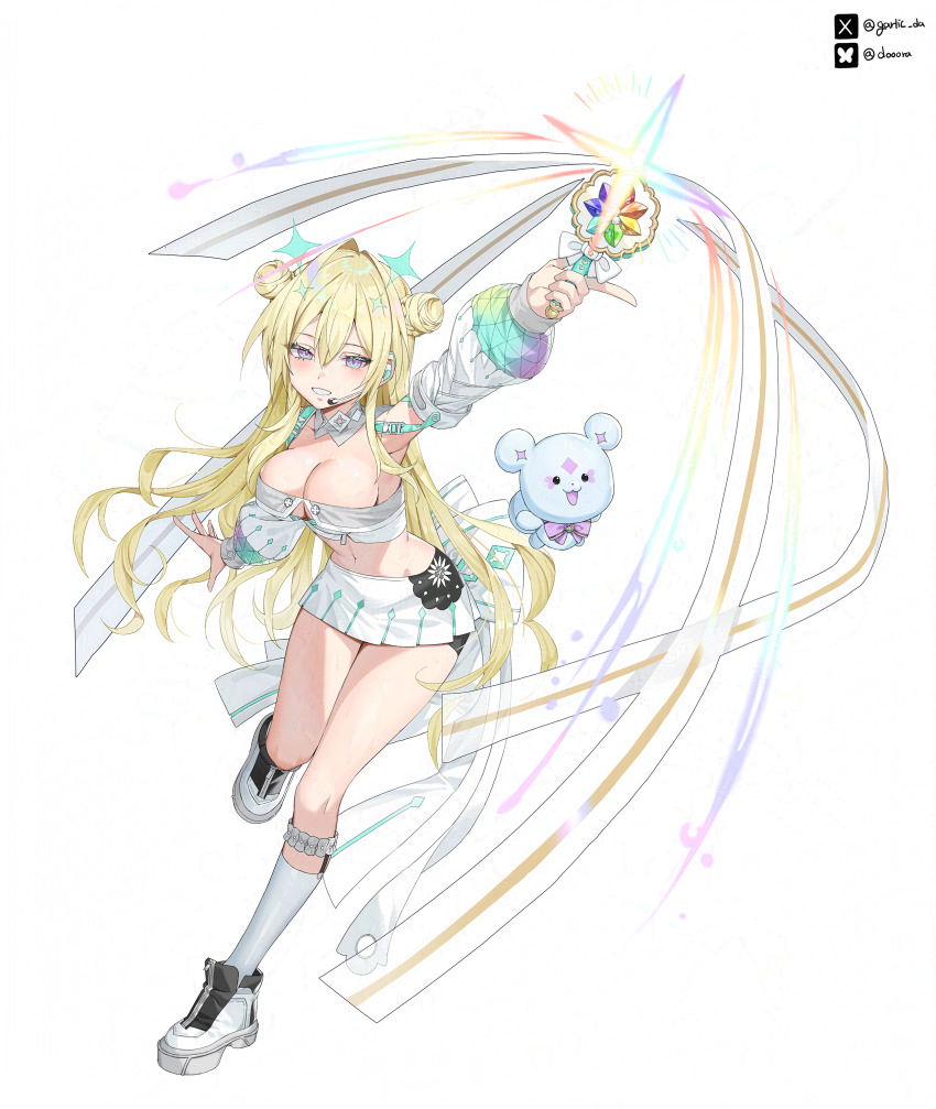 1girl absurdres arm_up armpits bandeau bare_shoulders blonde_hair blue_eyes breasts cleavage crop_top detached_collar detached_sleeves double_bun full_body grin hair_bun highres holding holding_wand jaeyun kneehighs large_breasts long_hair long_sleeves looking_at_viewer magical_girl midriff miniskirt navel original outstretched_arm pleated_skirt shoes skirt smile socks solo stomach strapless thighs tube_top very_long_hair wand white_bandeau white_skirt white_socks