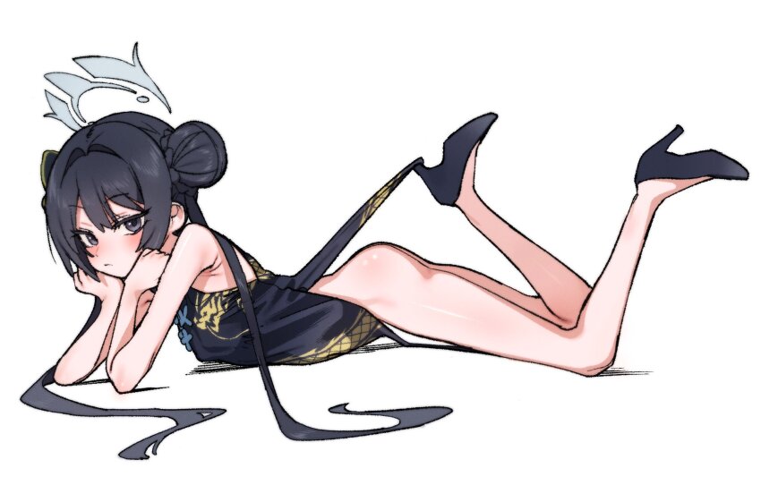 1girl armpit_crease ass bare_arms bare_legs black_dress black_hair black_shoes blue_archive braid braided_bun butterfly_hair_ornament china_dress chinese_clothes closed_mouth clothes_lift clothes_pull clothing_cutout commentary_request dot_nose double_bun dragon_print dress dress_lift dress_pull feet_up from_side full_body grey_eyes grey_halo hair_between_eyes hair_bun hair_intakes hair_ornament halo hand_up head_on_hand head_rest high_heels highres hip_vent hooked_on_heel je_o_mo kisaki_(blue_archive) korean_commentary legs_up loli long_hair looking_at_viewer lying no_panties on_stomach pelvic_curtain print_dress shoes sidelocks simple_background sleeveless sleeveless_dress solo thighs twin_braids twintails very_long_hair white_background